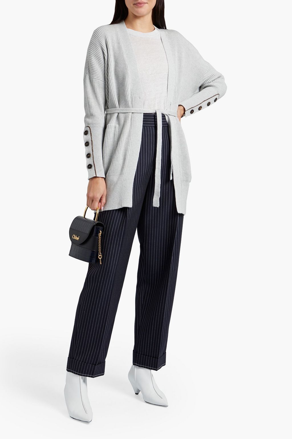 BRUNELLO CUCINELLI Belted bead-embellished ribbed cotton cardigan