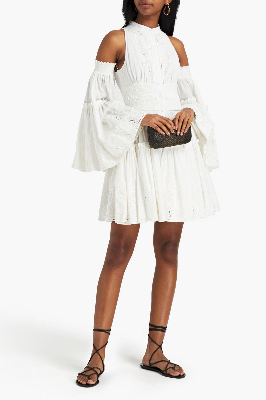 ROBERTO CAVALLI Cold-shoulder broderie anglaise-trimmed cotton-mousseline mini dress
