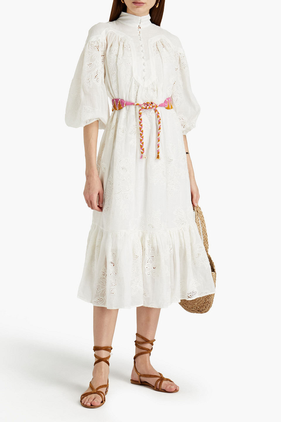 Zimmermann Belted Broderie Anglaise Ramie Midi Dress In White