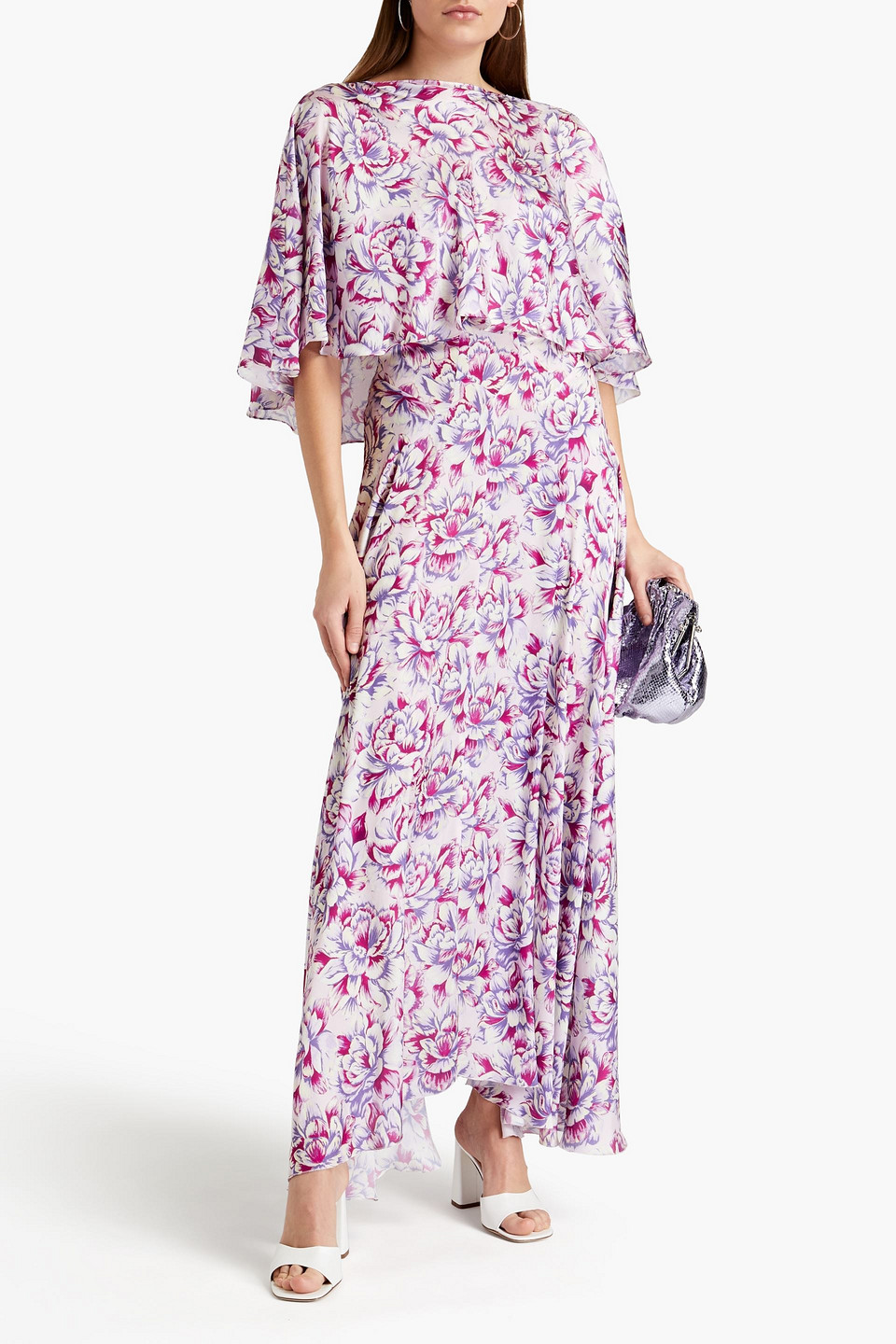 Paco Rabanne Gathered Floral-print Satin Maxi Dress In Purple | ModeSens