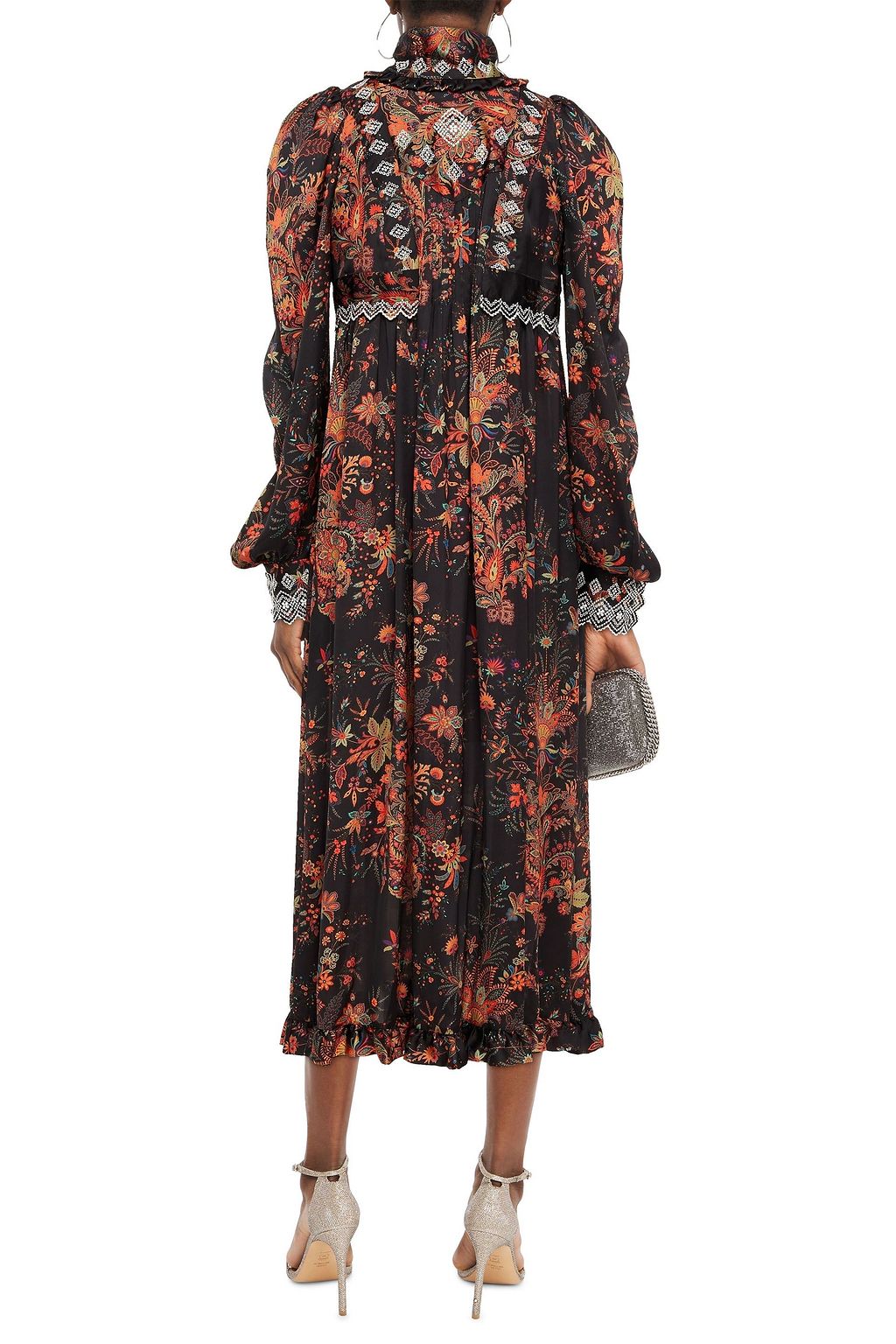 RABANNE Embroidered ruffled floral-print satin midi dress