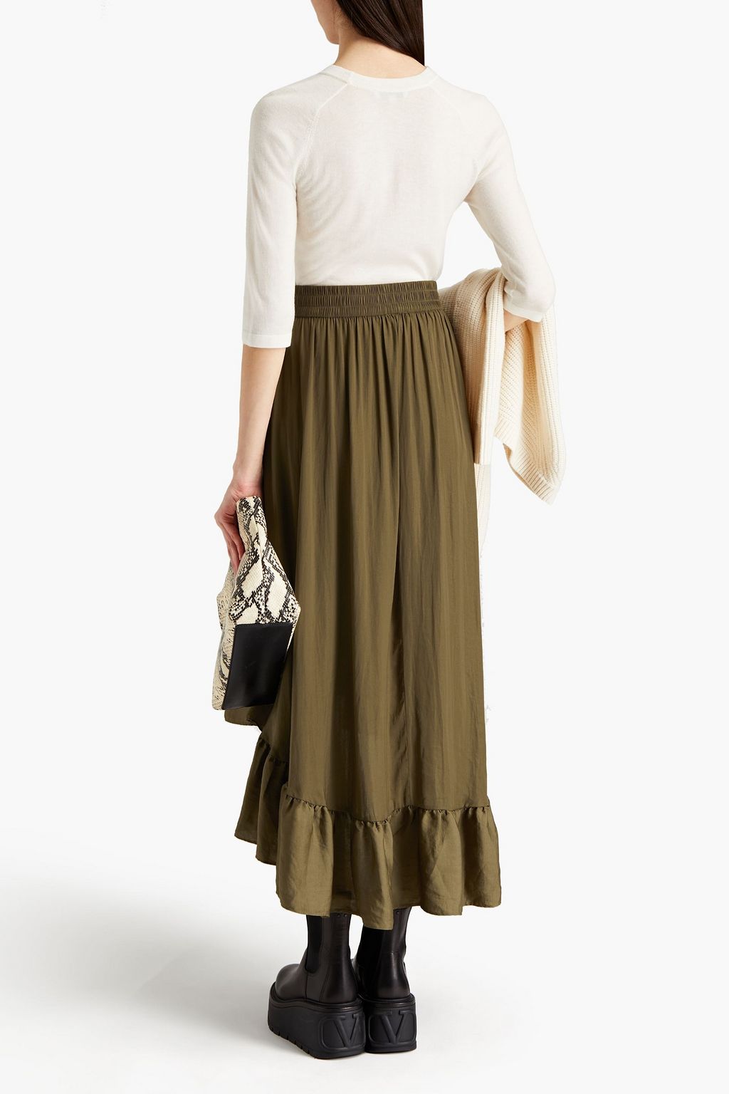 MAJE Asymmetric ruffle-trimmed charmeuse maxi skirt