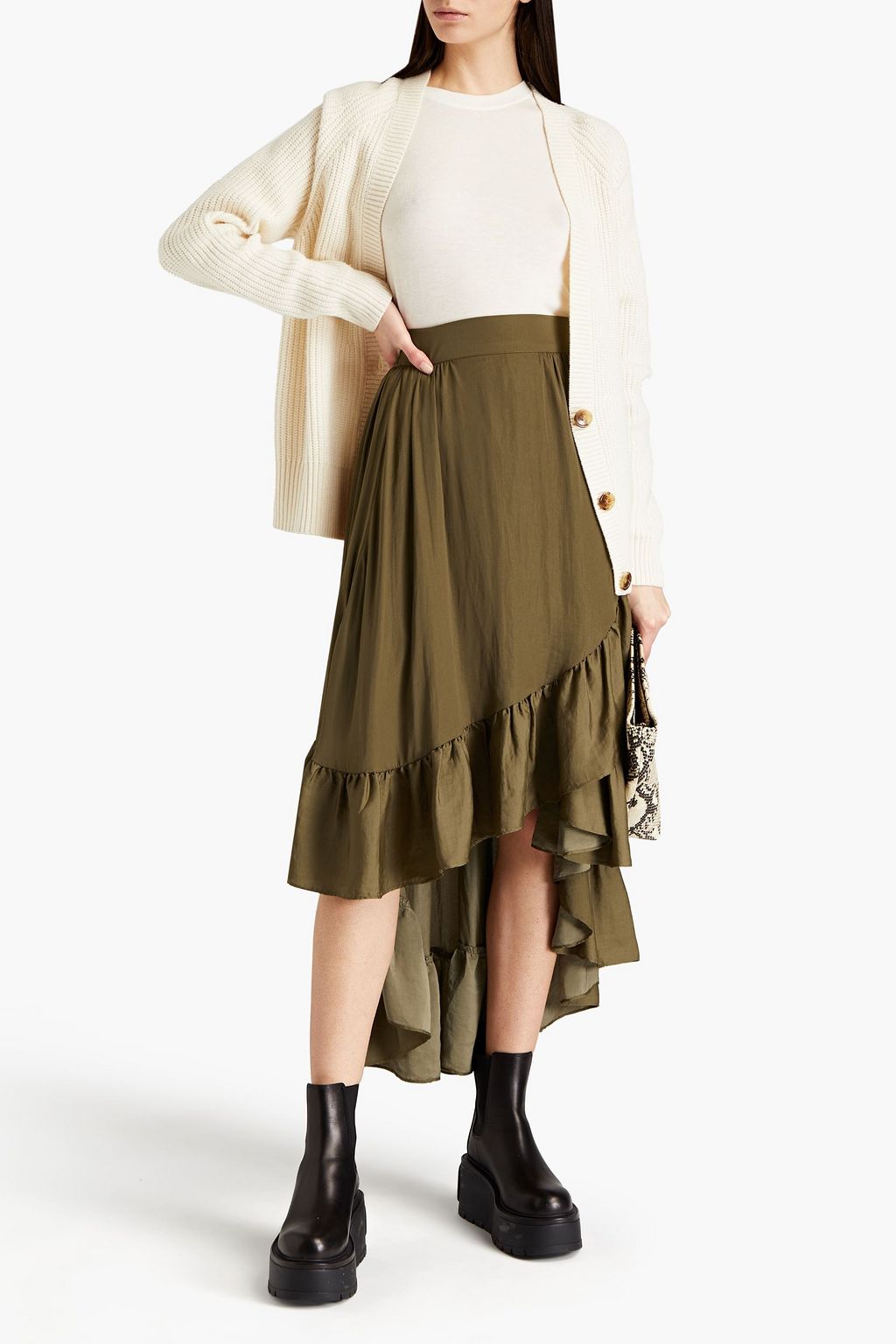 MAJE Asymmetric ruffle-trimmed charmeuse maxi skirt