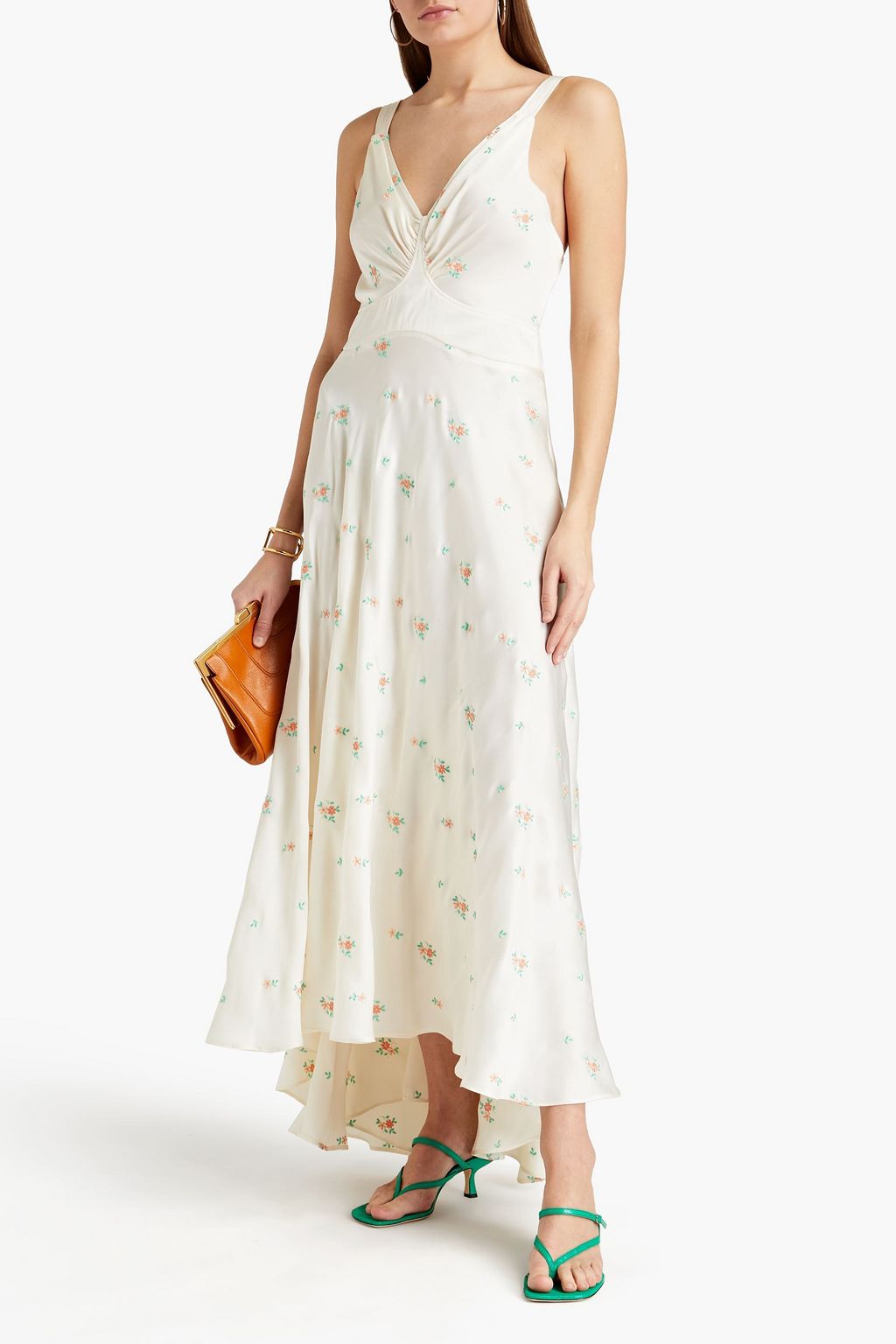 RABANNE Embroidered gathered satin maxi dress