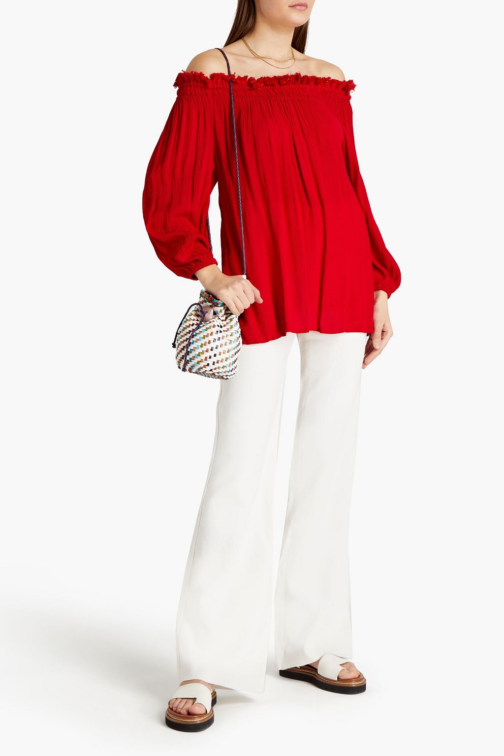 SENSI STUDIO Off-the-shoulder frayed crepon top