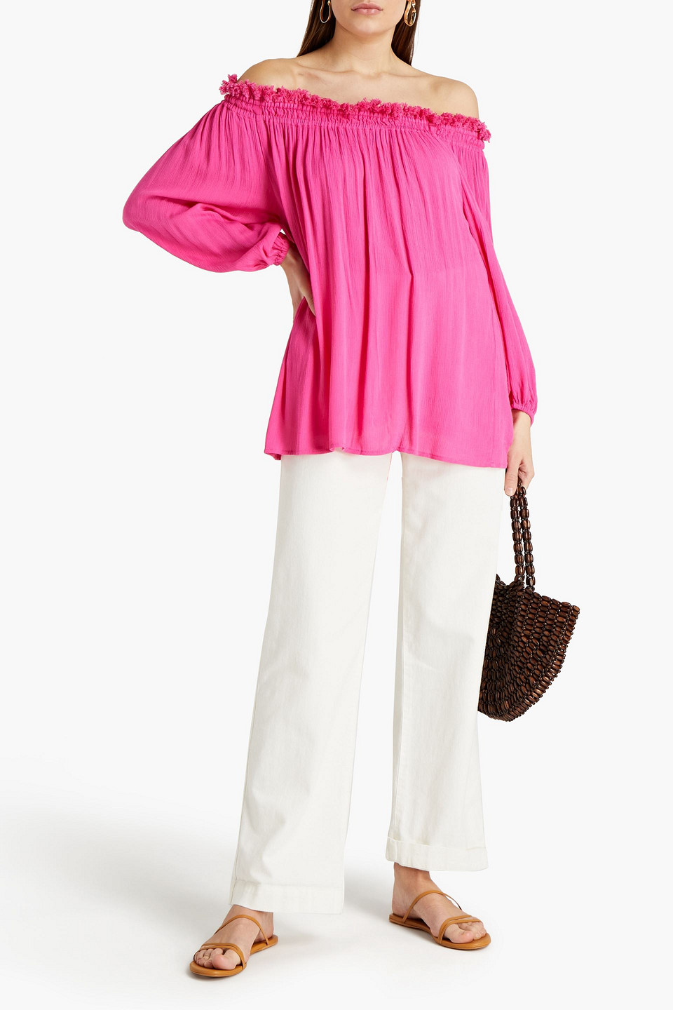 Sensi Studio Off-the-shoulder Frayed Crepon Top In Fuchsia