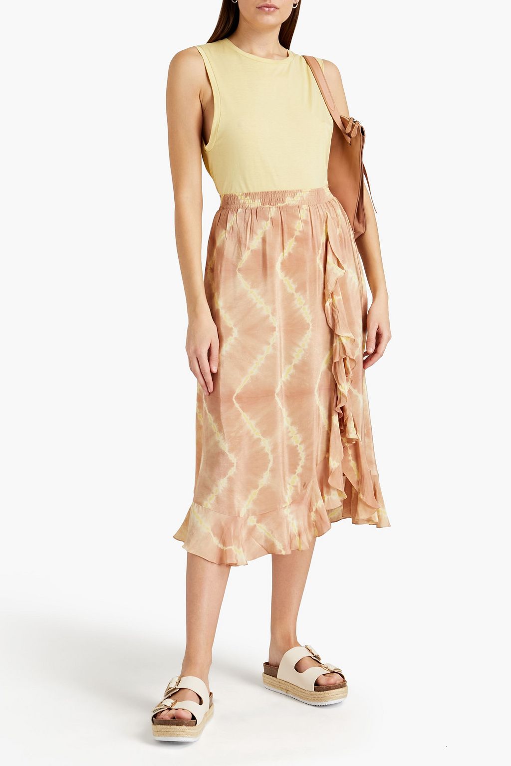 MAJE Ruffled tie-dyed crepe de chine midi skirt