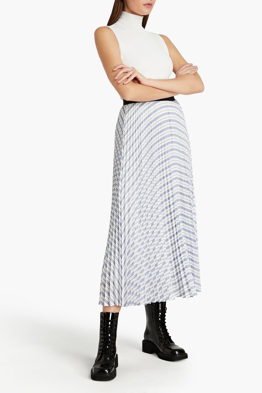 MAJE Pleated striped crepe de chine midi skirt