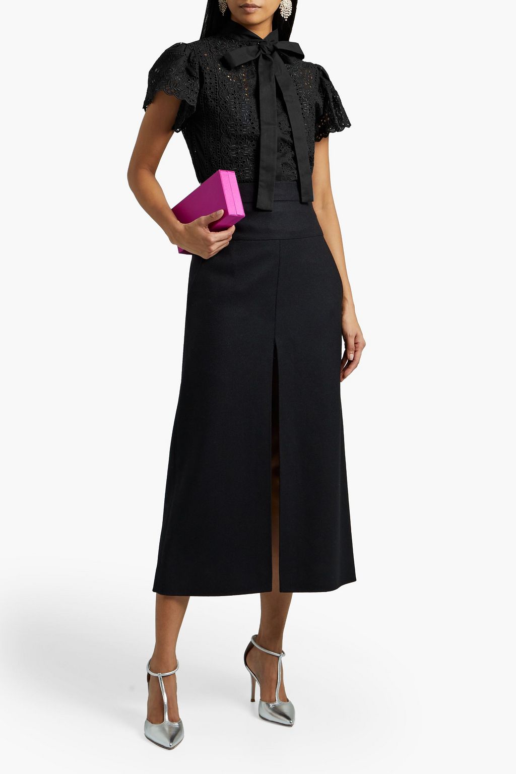 ELIE SAAB Pussy-bow broderie anglaise cotton-blend top