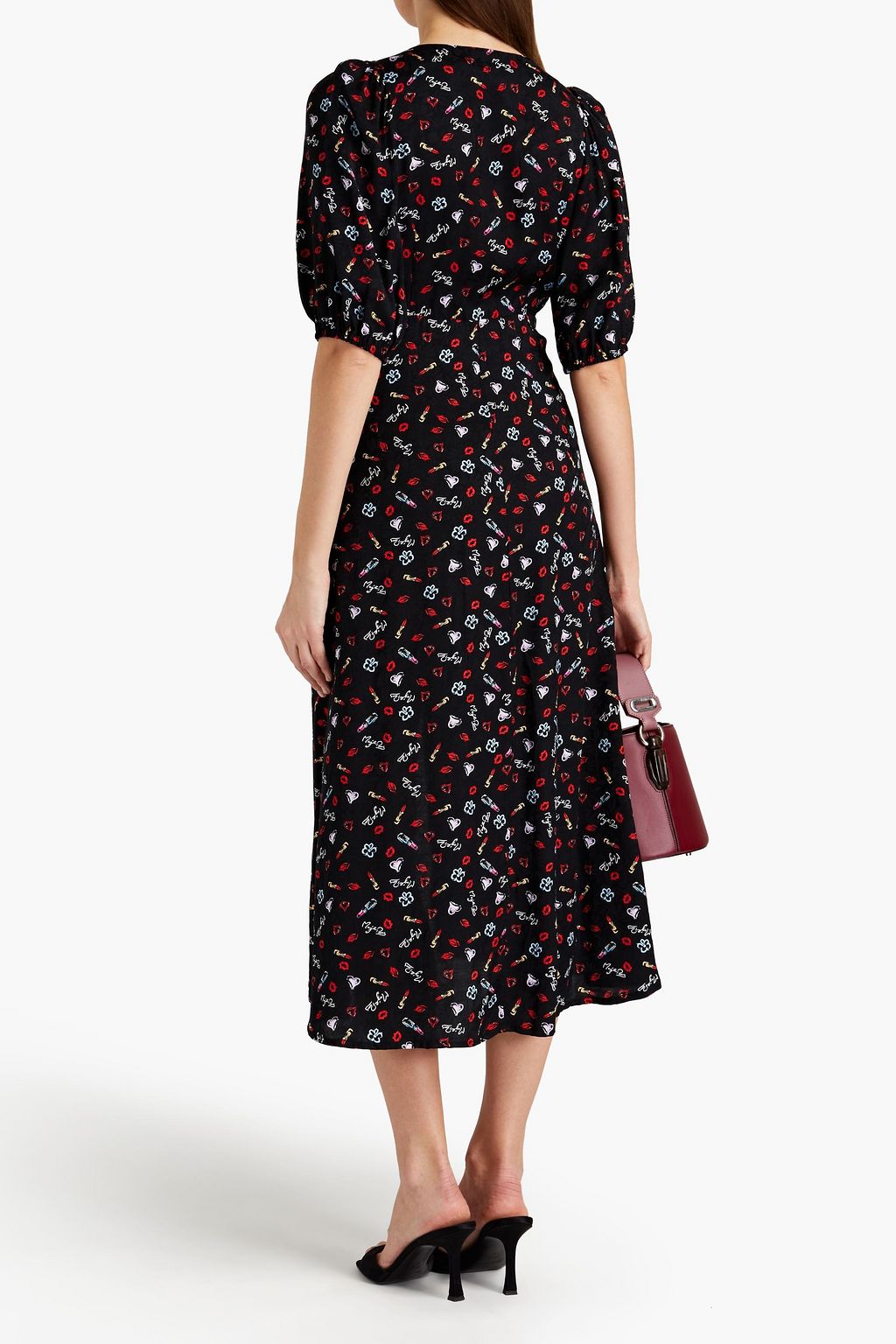 MAJE Bedrucktes Midikleid aus glänzendem Jacquard mit Knotendetail und Cut-outs