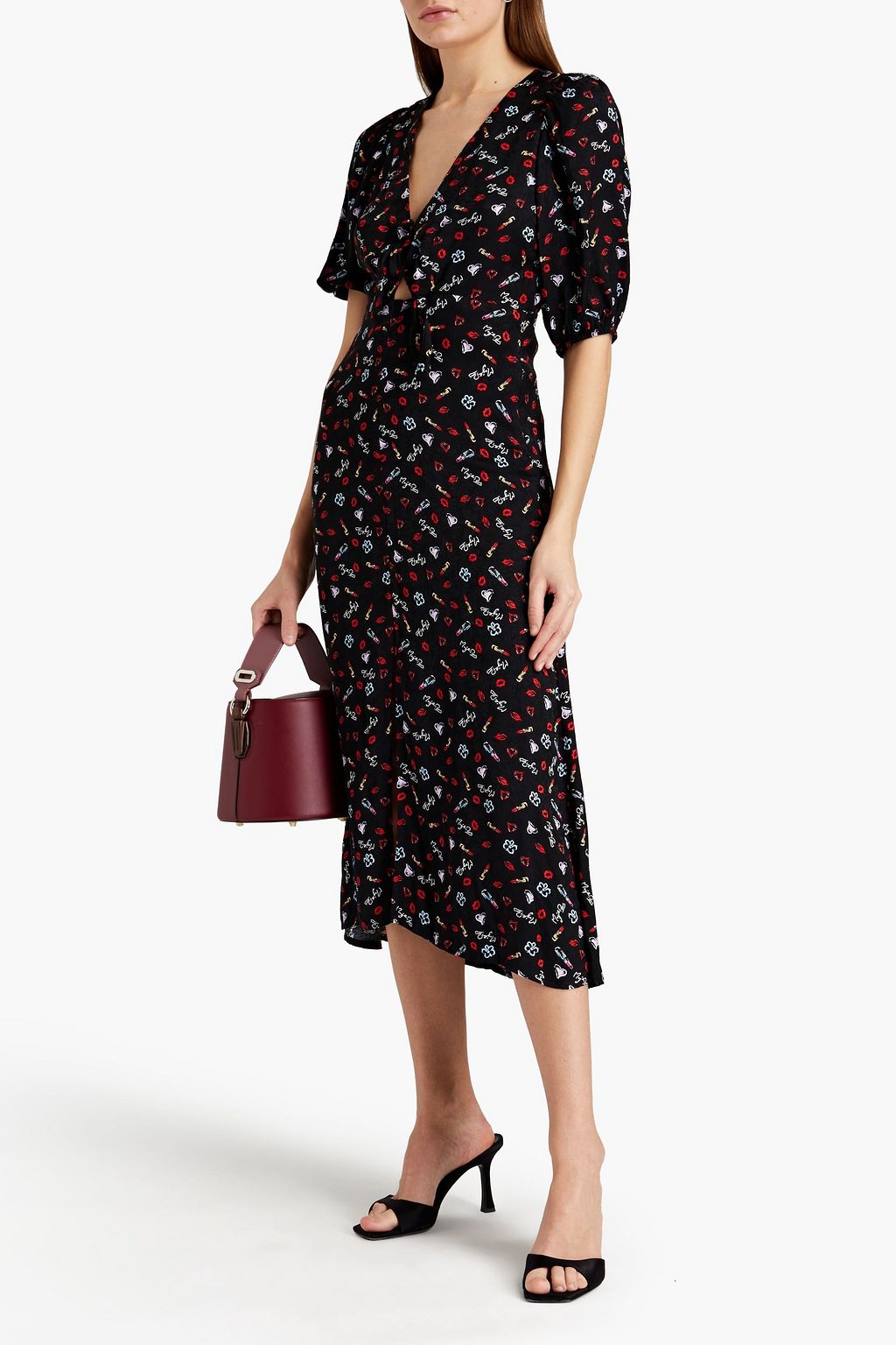 MAJE Bedrucktes Midikleid aus glänzendem Jacquard mit Knotendetail und Cut-outs