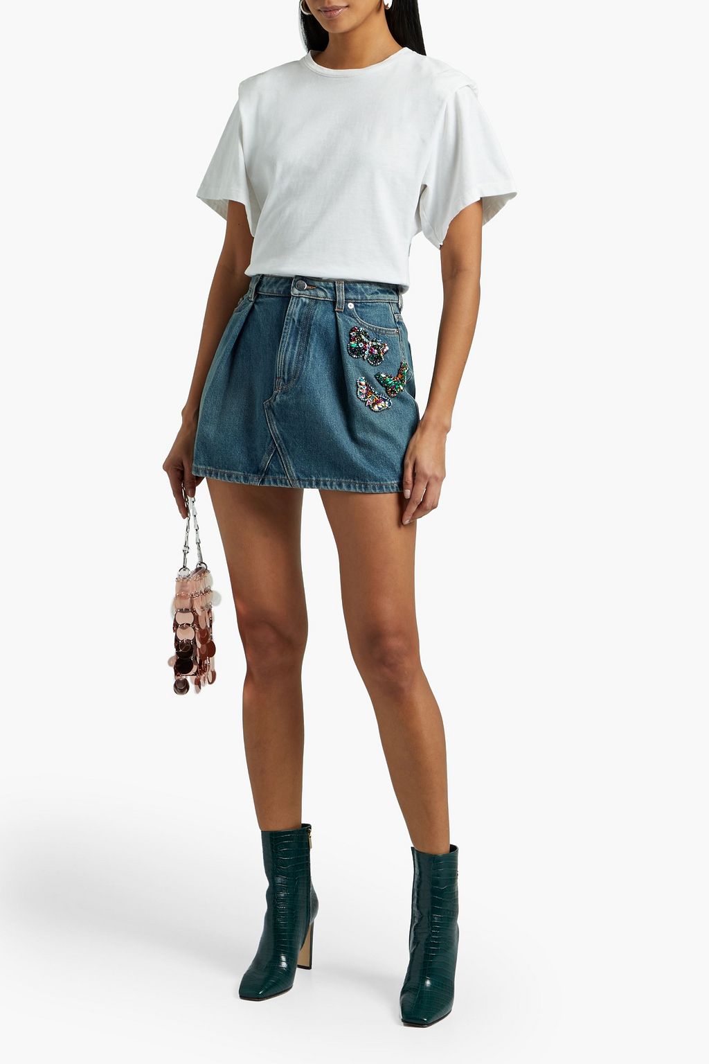 VALENTINO GARAVANI Pleated appliquéd denim mini skirt
