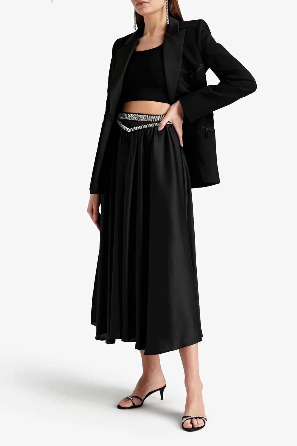 RABANNE Crystal-embellished satin midi skirt