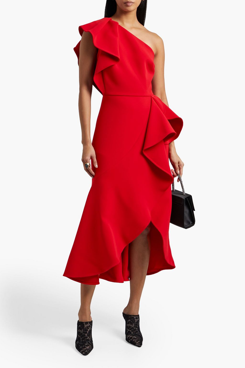 ELIE SAAB One-shoulder ruffled cady midi dress