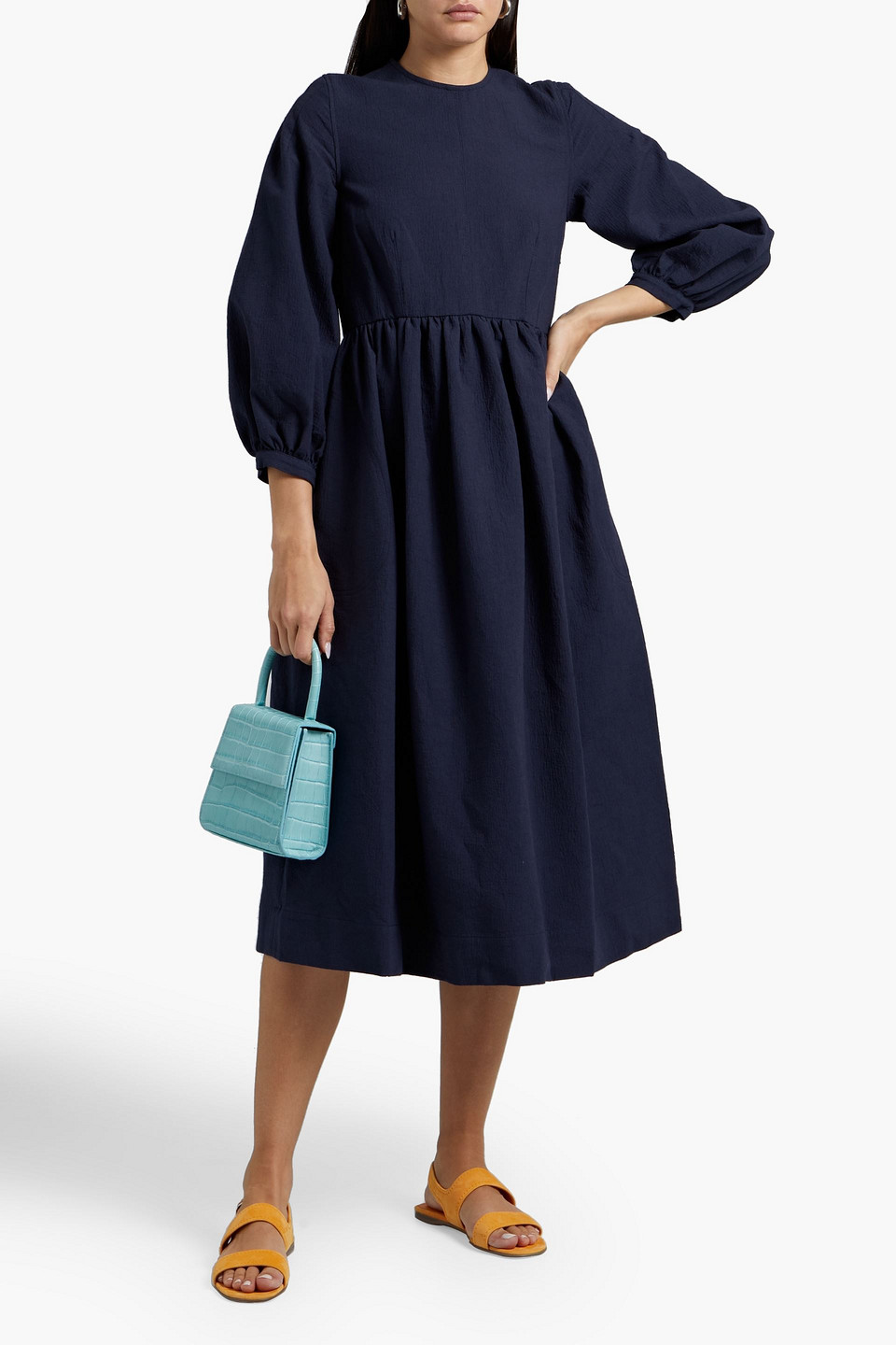 And-daughter Rosalie Gathered Cotton Midi Dress In Navy