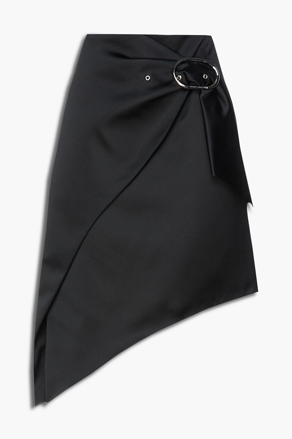 Asymmetric buckled satin mini skirt