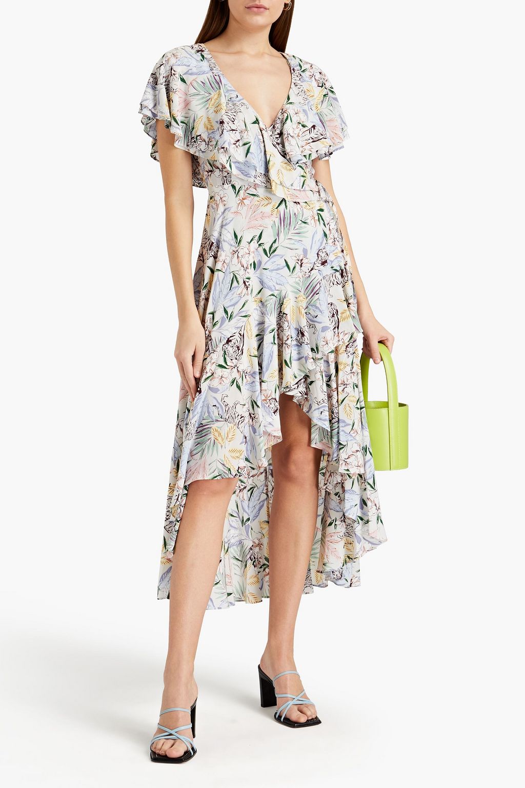 MAJE Ruffle-trimmed floral-print crepe de chine mini wrap dress