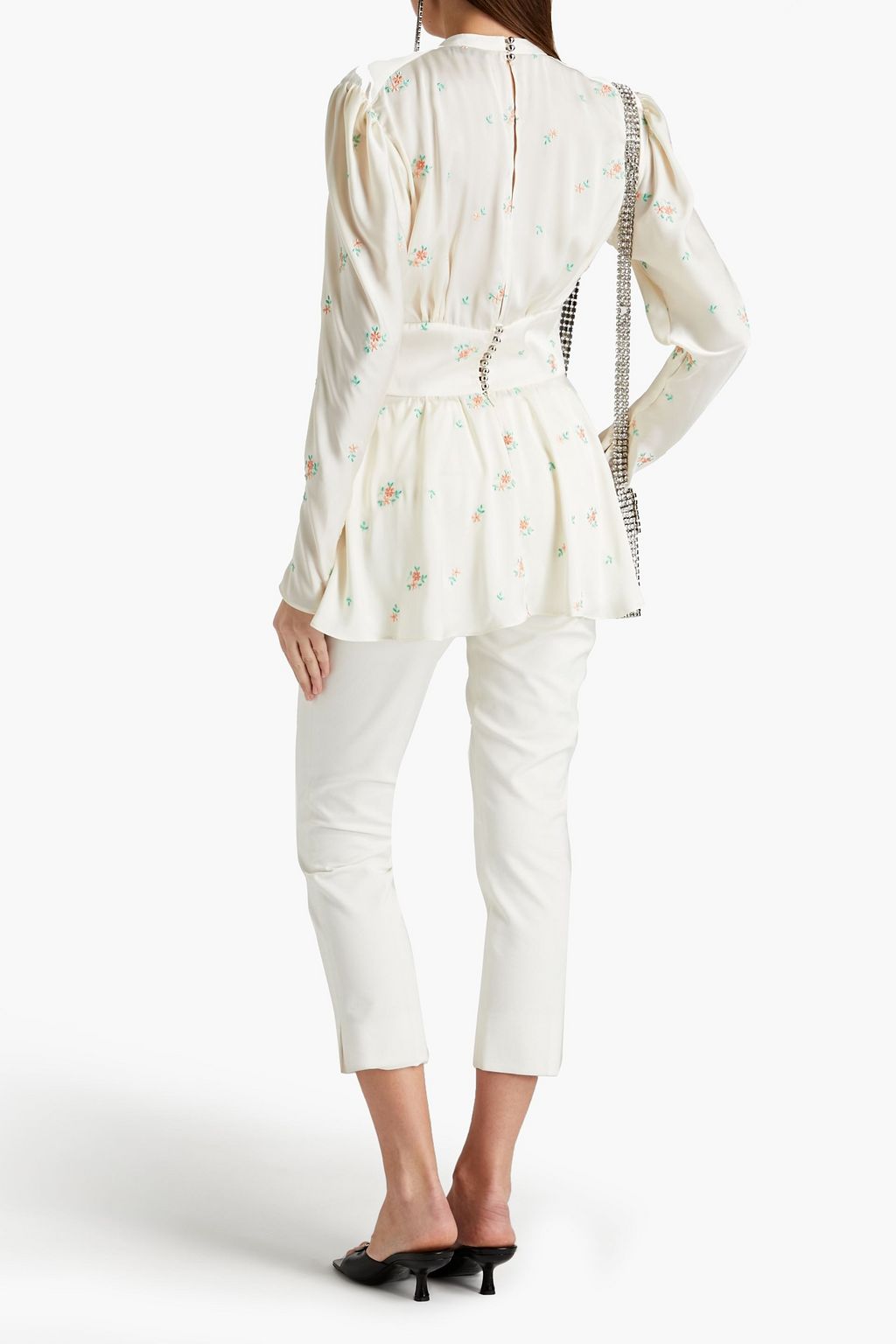 RABANNE Cutout embroidered gathered satin blouse