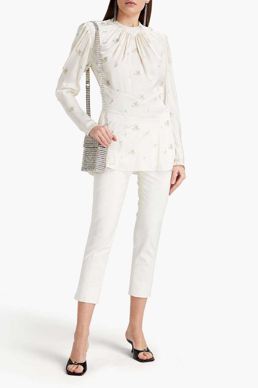 RABANNE Cutout embroidered gathered satin blouse