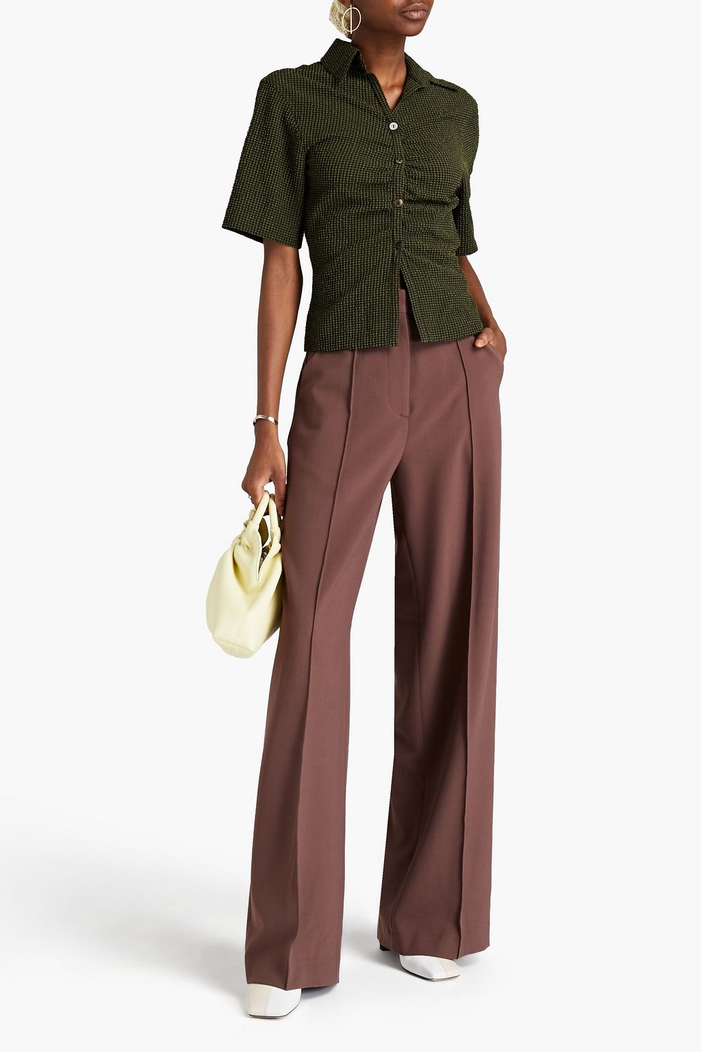 NANUSHKA Ruched checked cloqué shirt