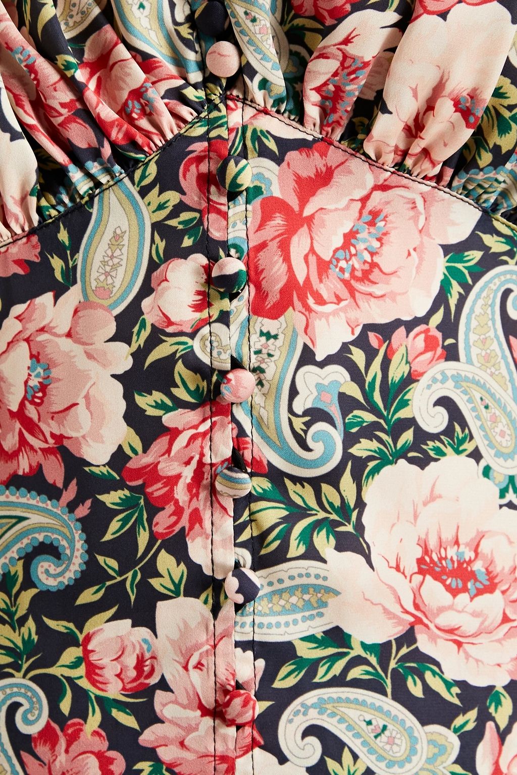RABANNE Gathered floral-print satin blouse