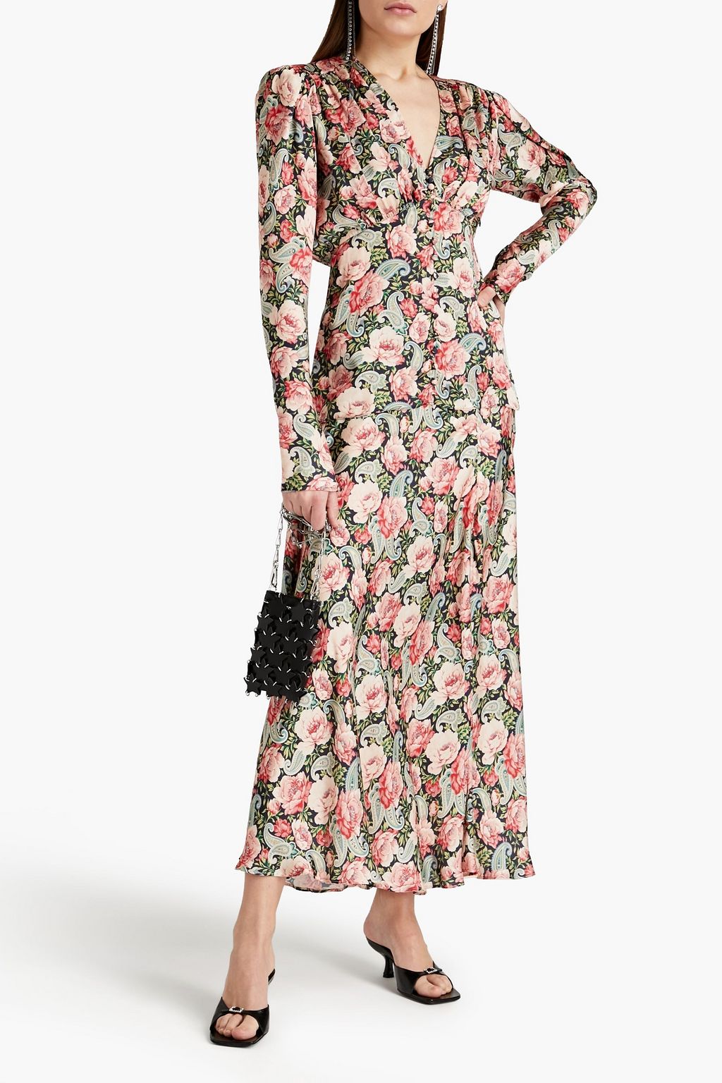 RABANNE Gathered floral-print satin blouse