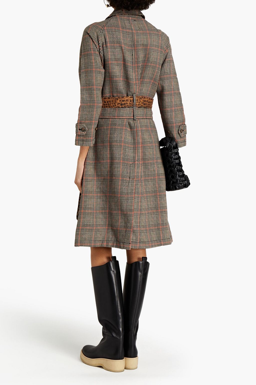 R13 Belted Prince of Wales checked cotton-jacquard coat