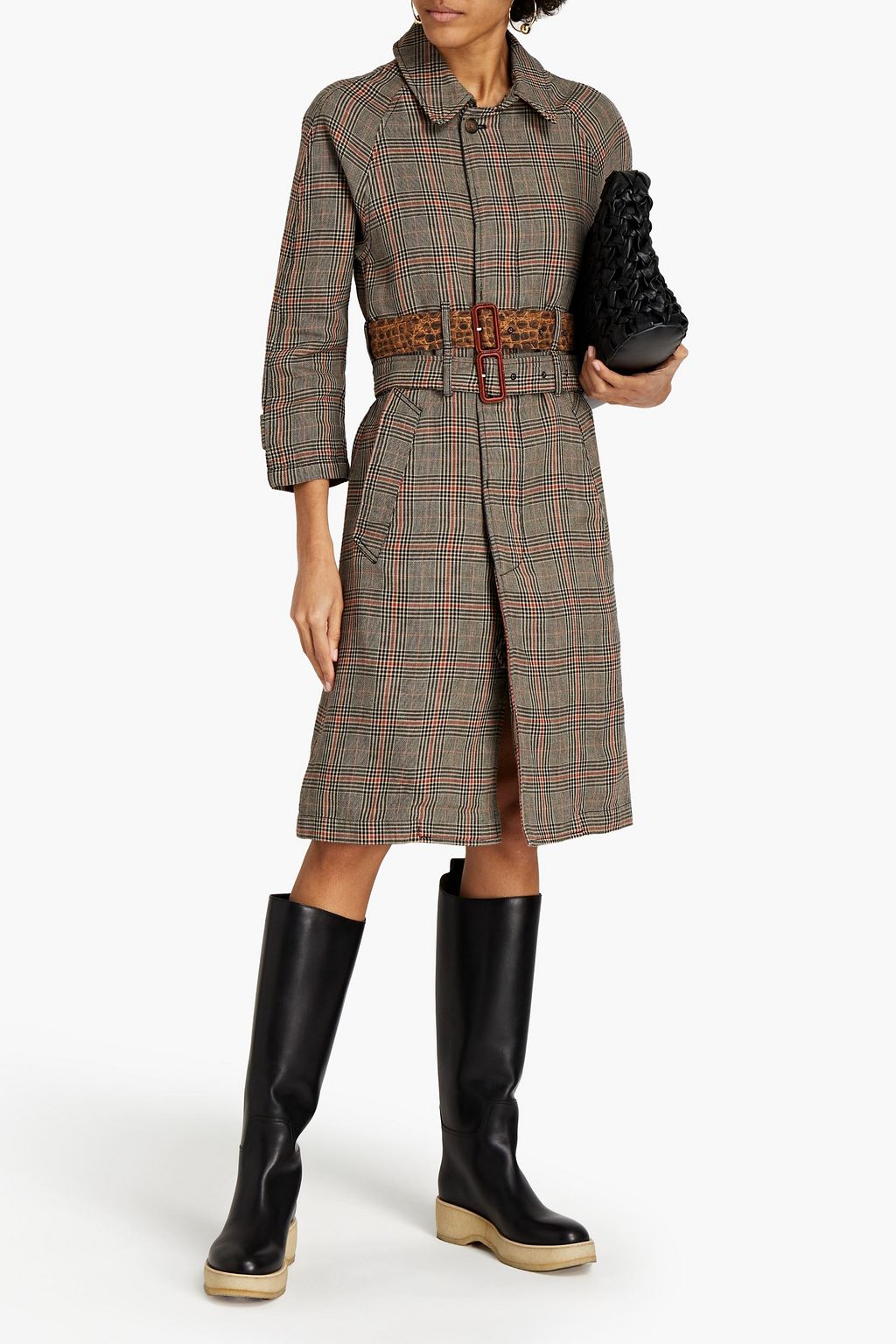 R13 Belted Prince of Wales checked cotton-jacquard coat