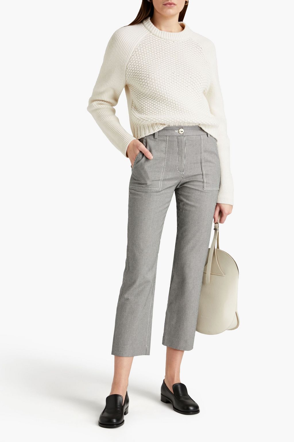 MAJE Cropped striped organic cotton-jacquard straight-leg pants