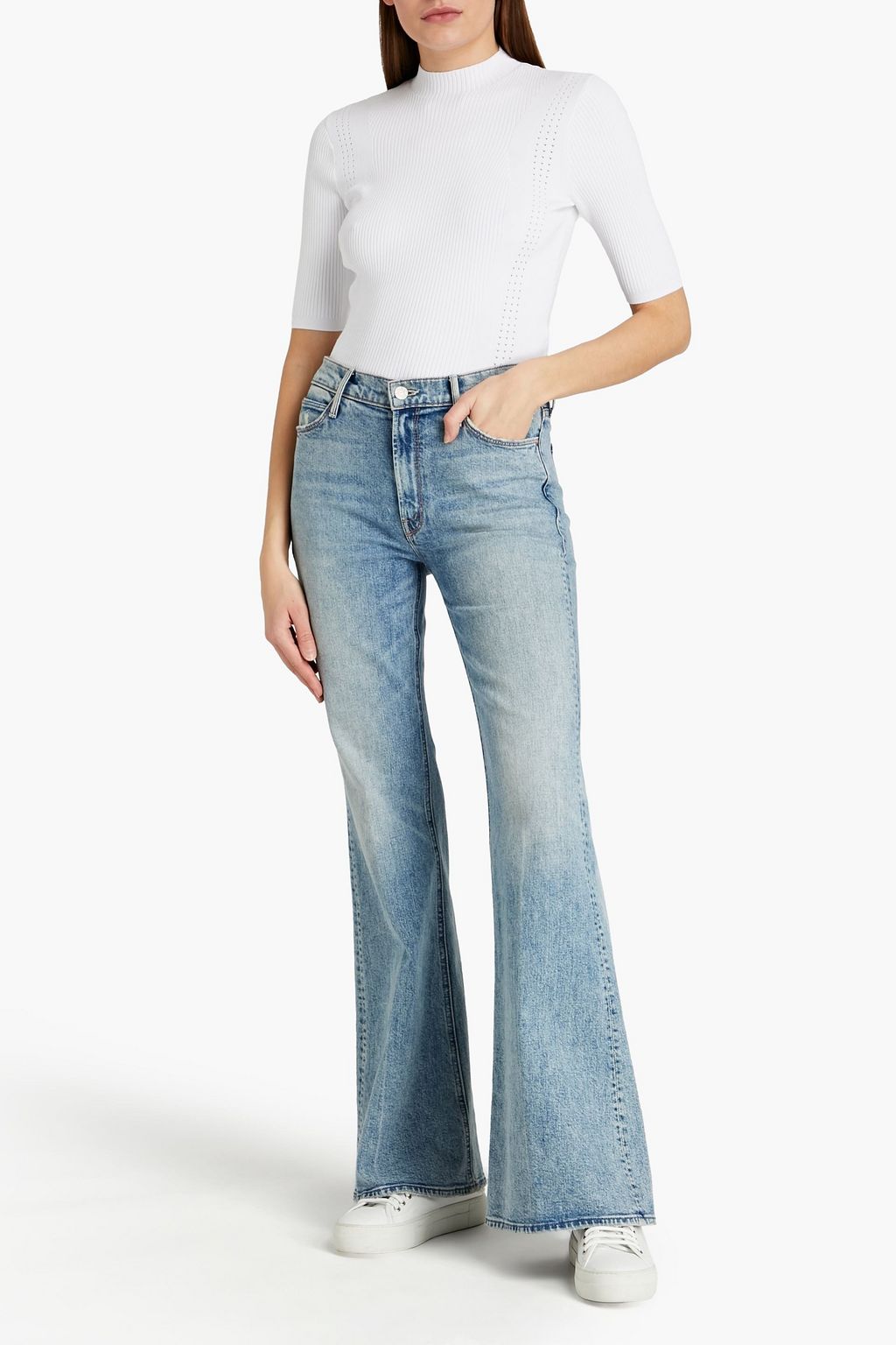 MAJE Pointelle-trimmed ribbed-knit turtleneck sweater