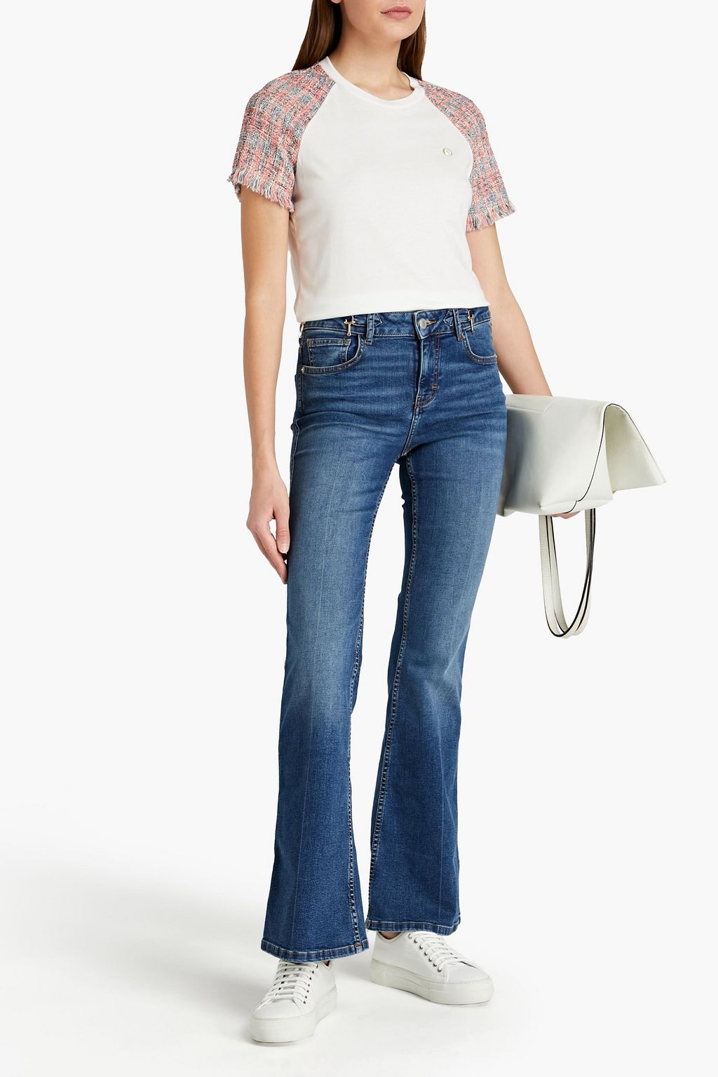 MAJE Tweed-paneled cotton and modal-blend jersey T-shirt
