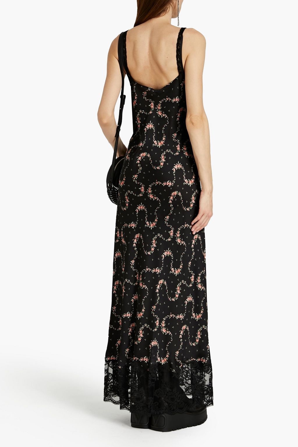 RABANNE Lace-paneled floral-print satin maxi dress