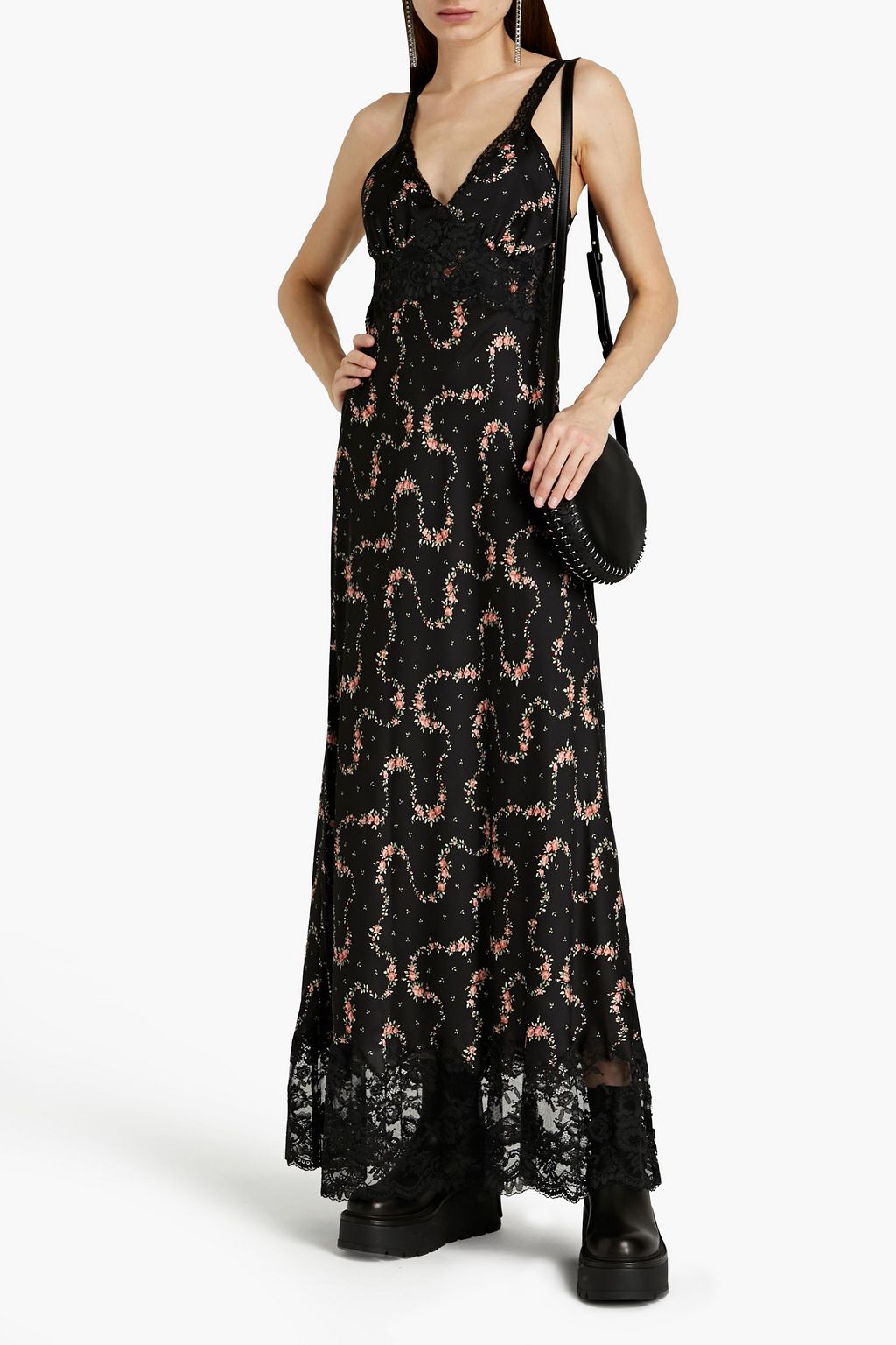 RABANNE Lace-paneled floral-print satin maxi dress