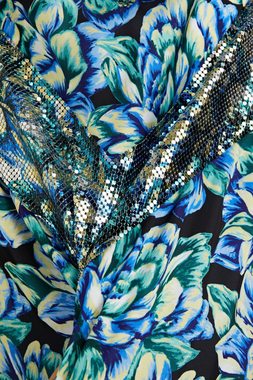 RABANNE Chainmail-paneled floral-print satin maxi dress