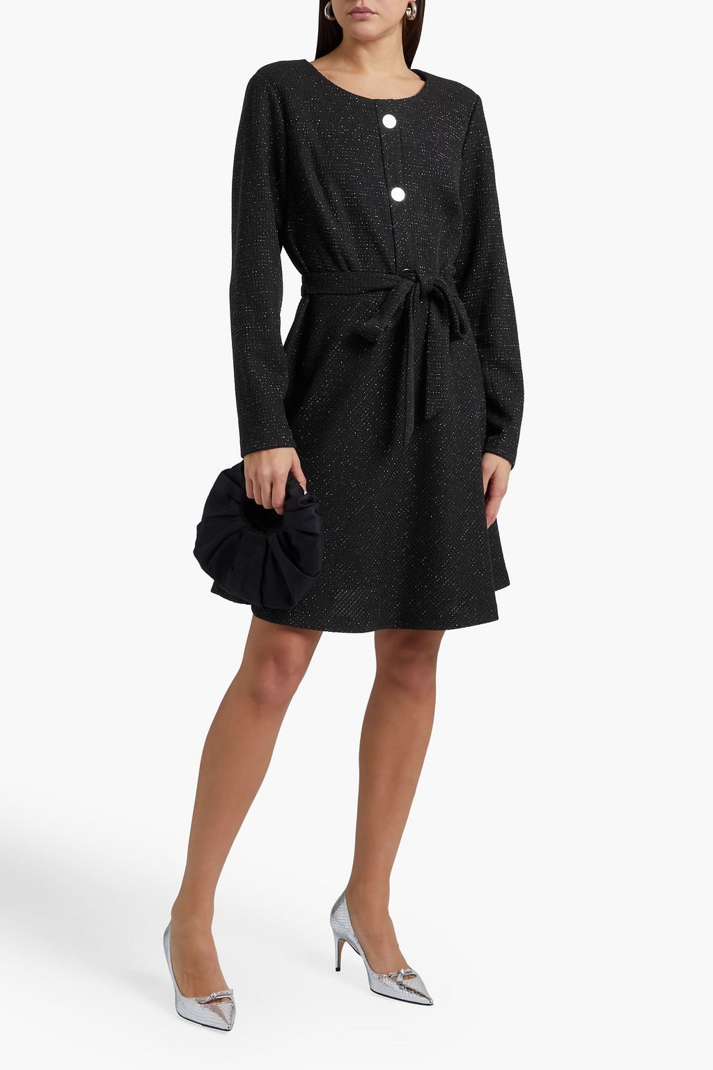 DKNY Belted embellished metallic ribbed-knit dress
