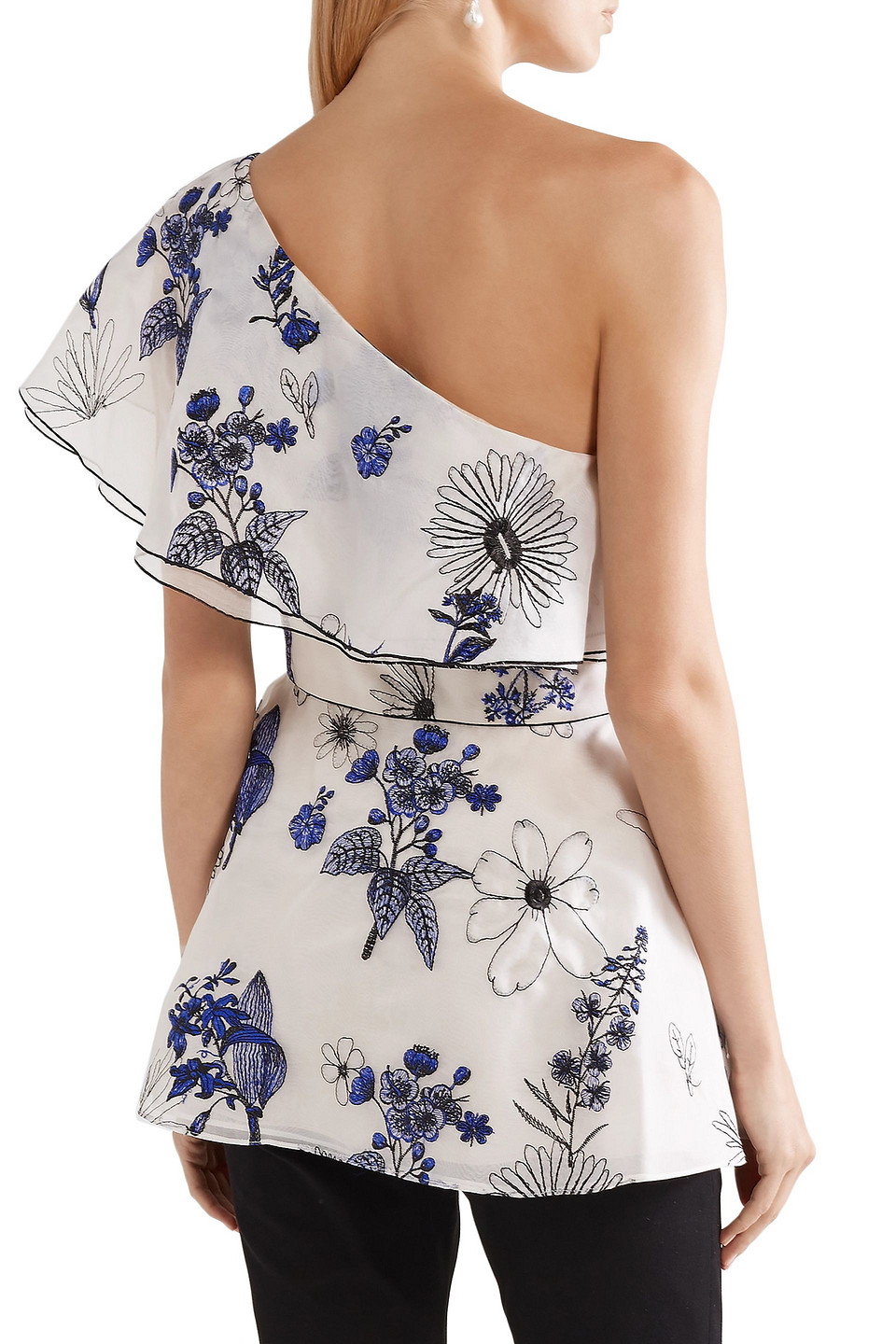 Lela Rose One-shoulder Embroidered Silk-organza Peplum Top In Ivory