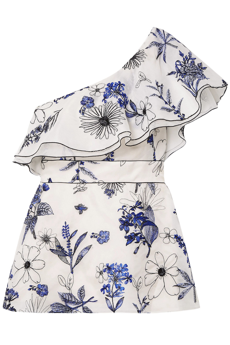Lela Rose One-shoulder Embroidered Silk-organza Peplum Top In Ivory