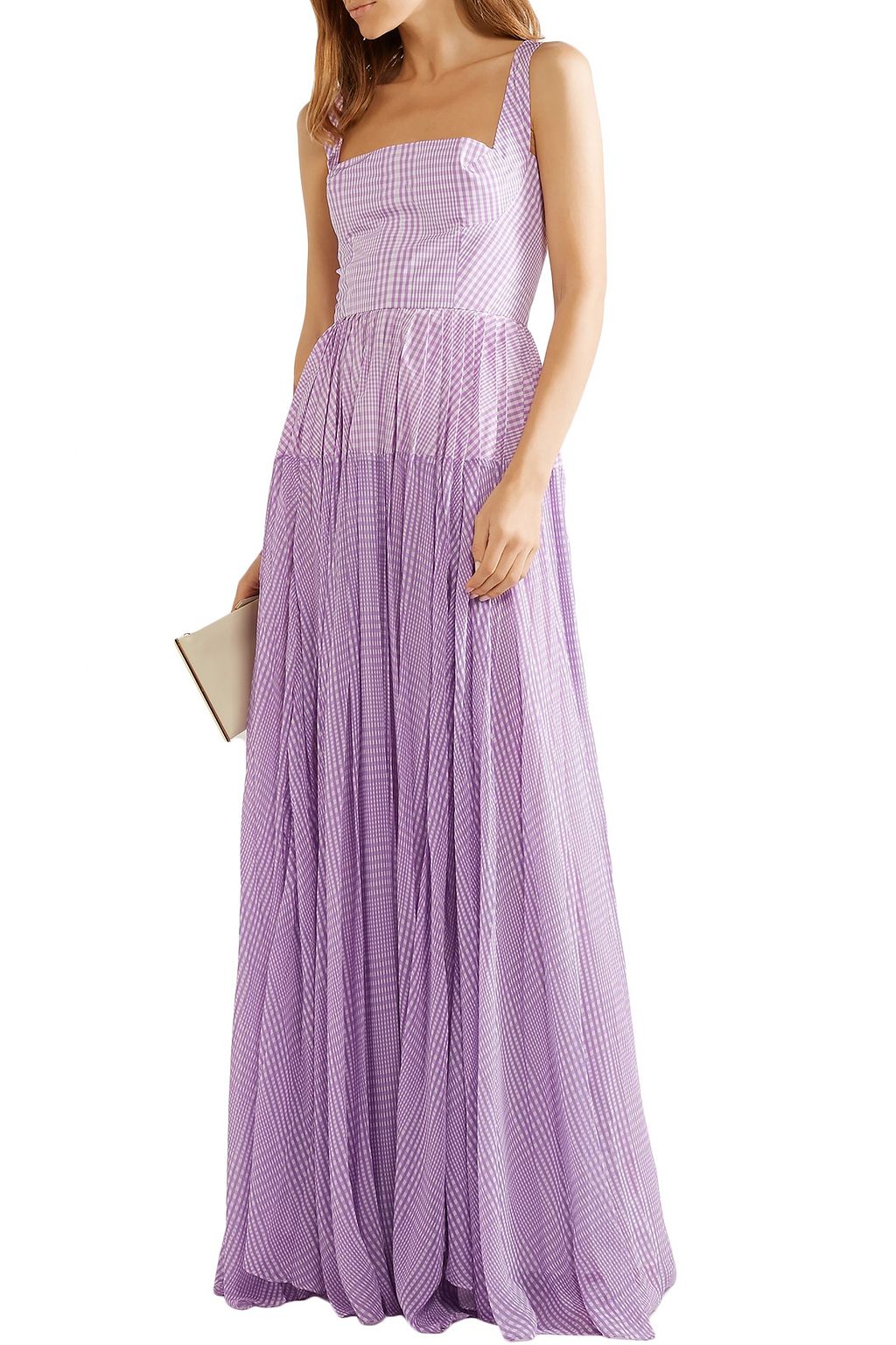 LELA ROSE Pleated gingham poplin and silk-chiffon gown