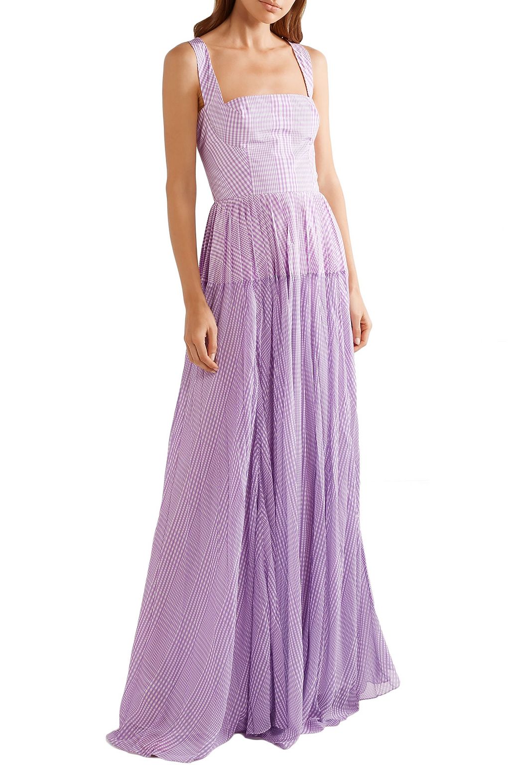 LELA ROSE Pleated gingham poplin and silk-chiffon gown