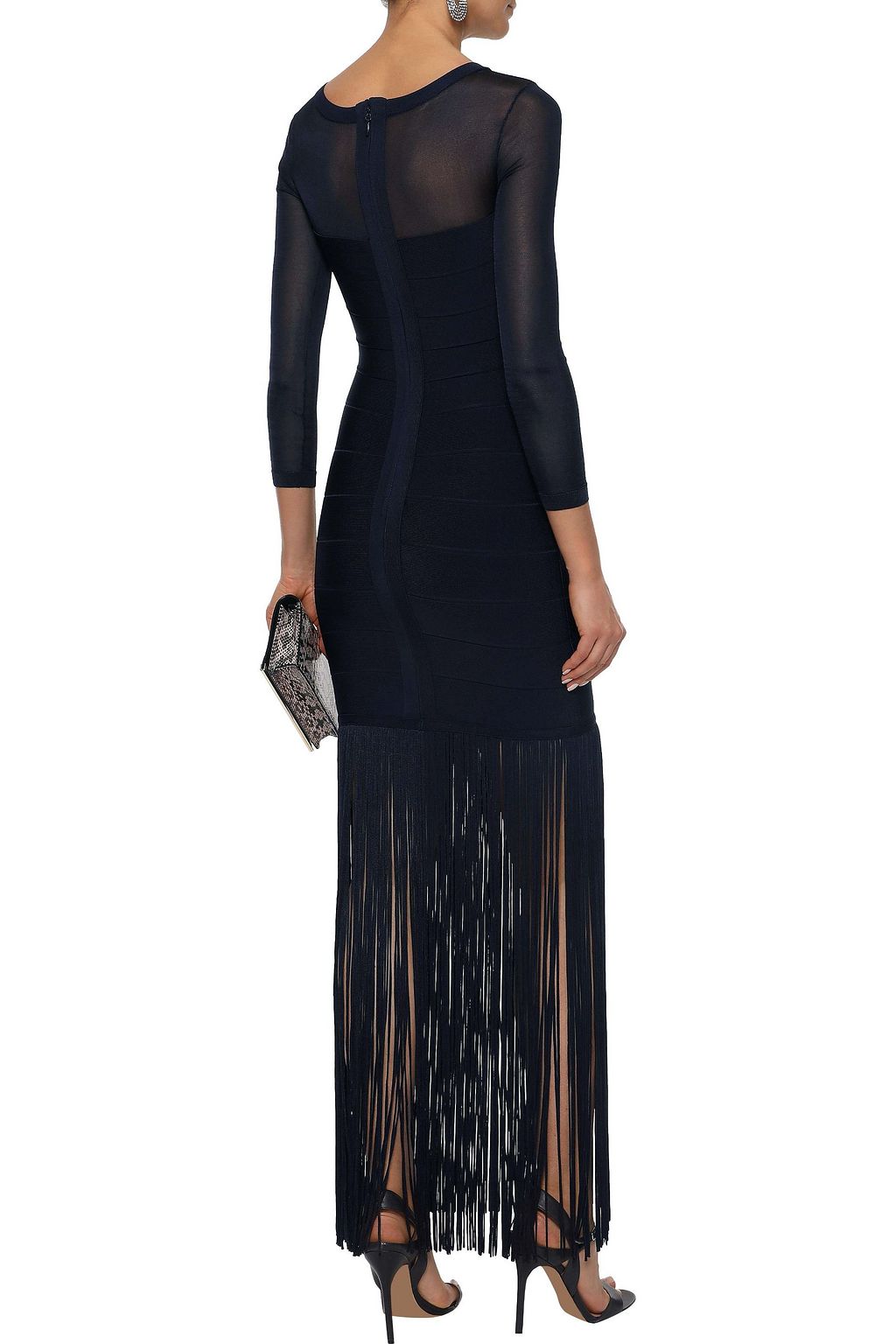 HERVÉ LÉGER Stretch knit-paneled fringed bandage gown