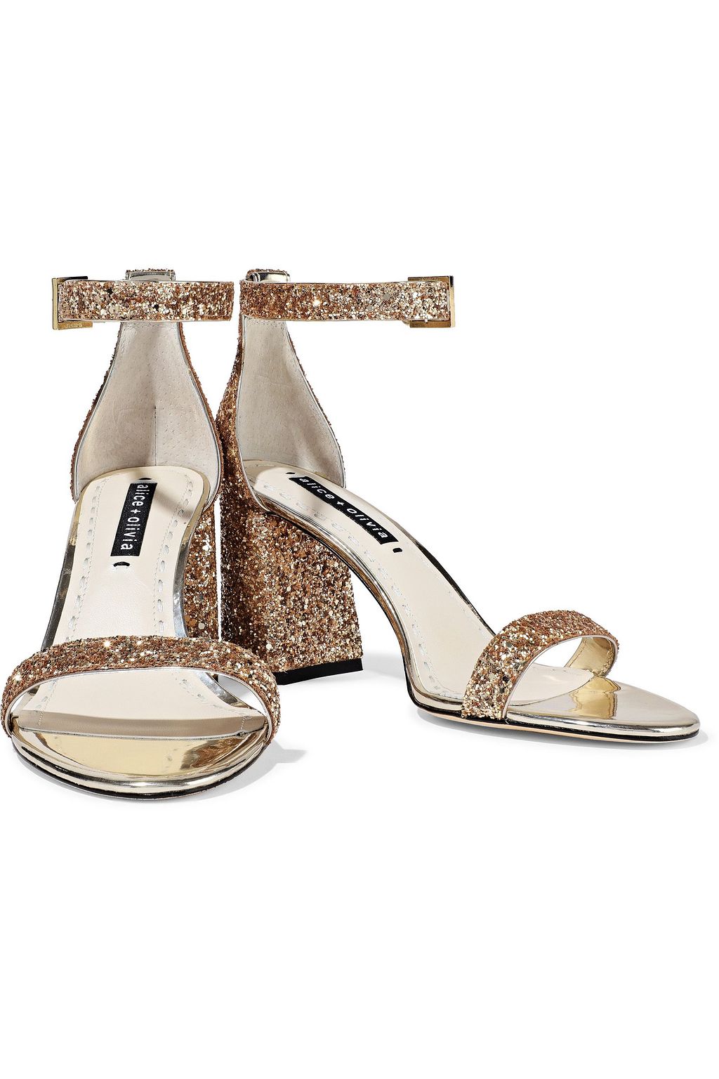 ALICE + OLIVIA Lillian mirrored leather-trimmed glittered woven sandals