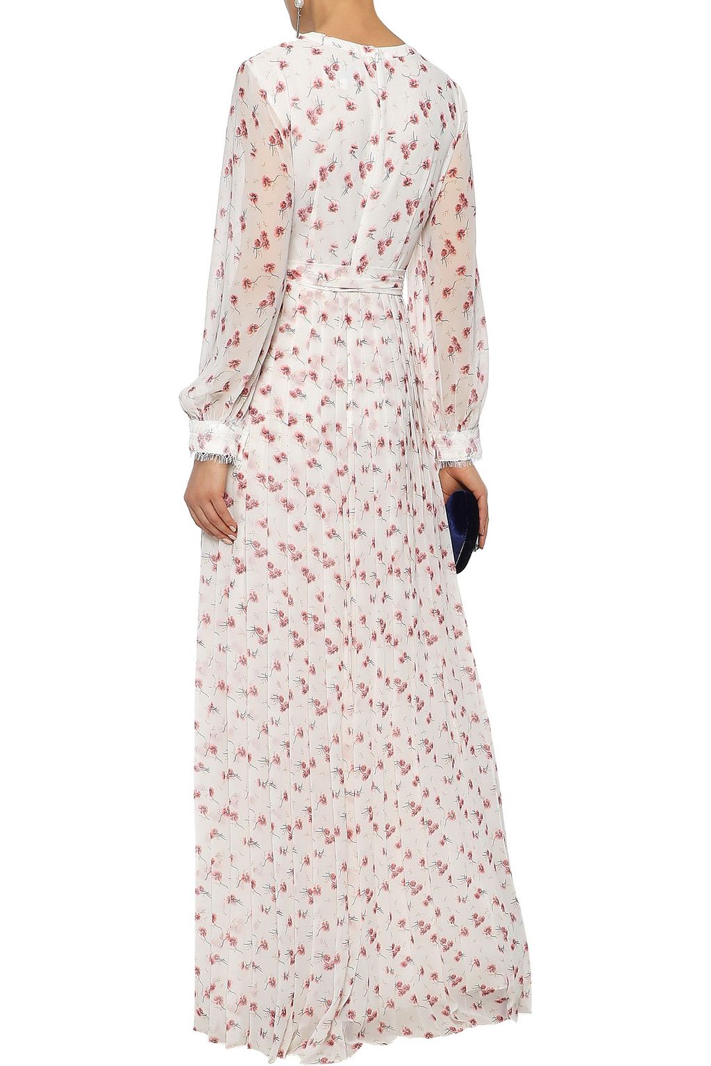 MIKAEL AGHAL Chantilly lace-appliquéd pleated floral-print chiffon maxi dress