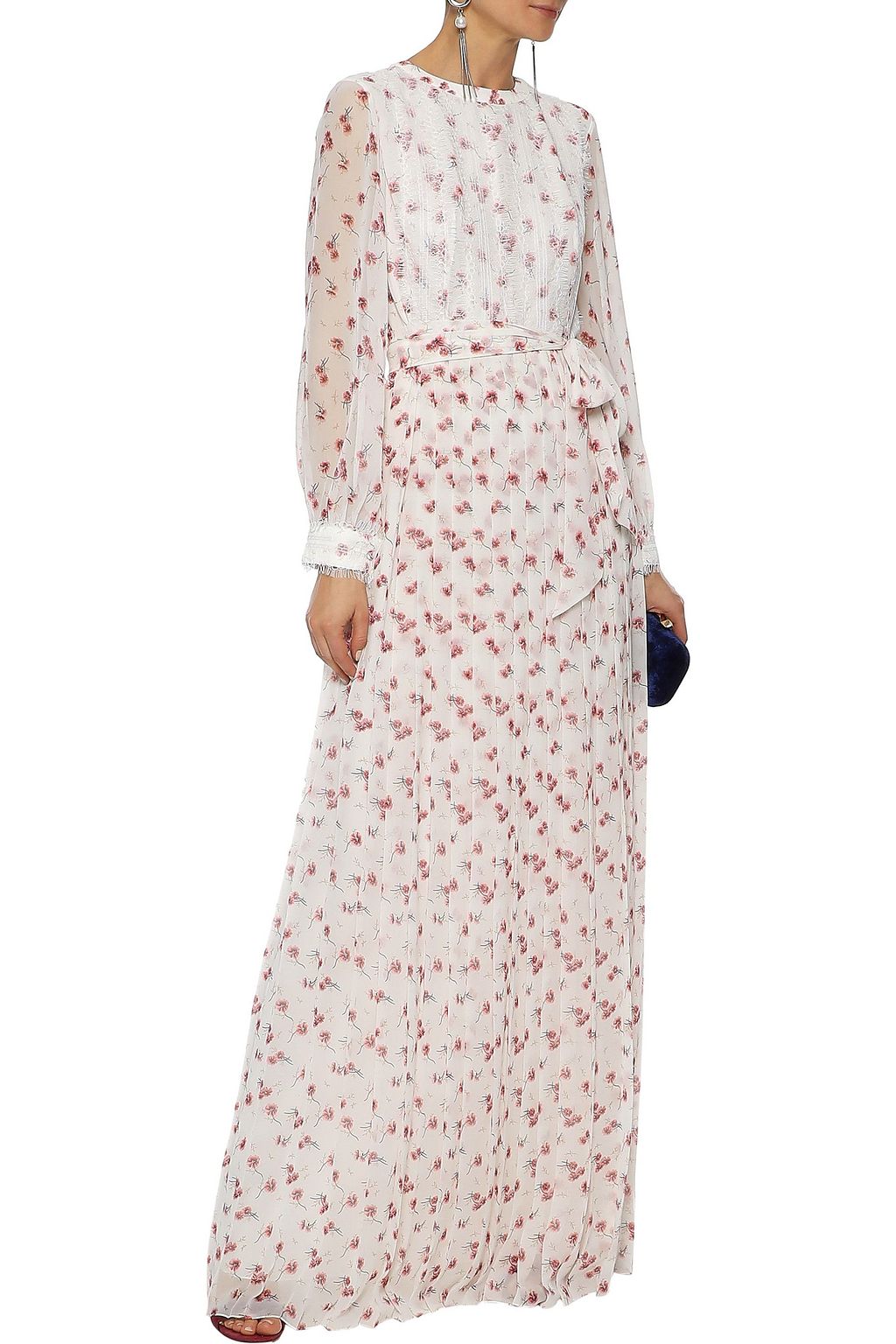 MIKAEL AGHAL Chantilly lace-appliquéd pleated floral-print chiffon maxi dress