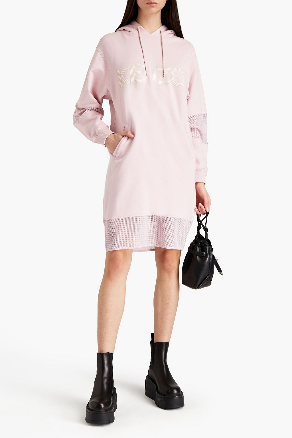 KENZO Mesh-paneled printed French cotton-terry hooded mini dress