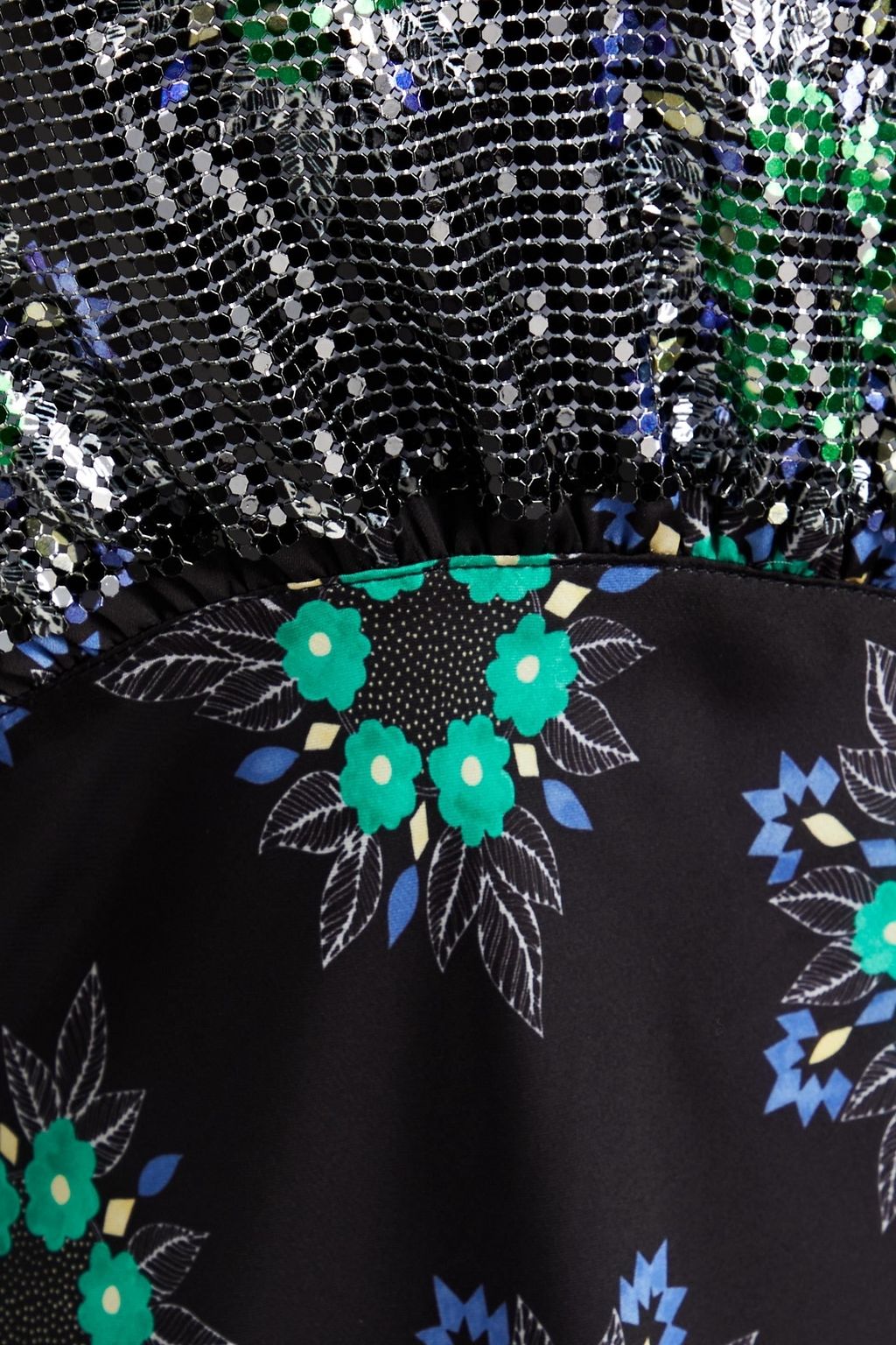 RABANNE Chainmail-paneled floral-print satin midi dress