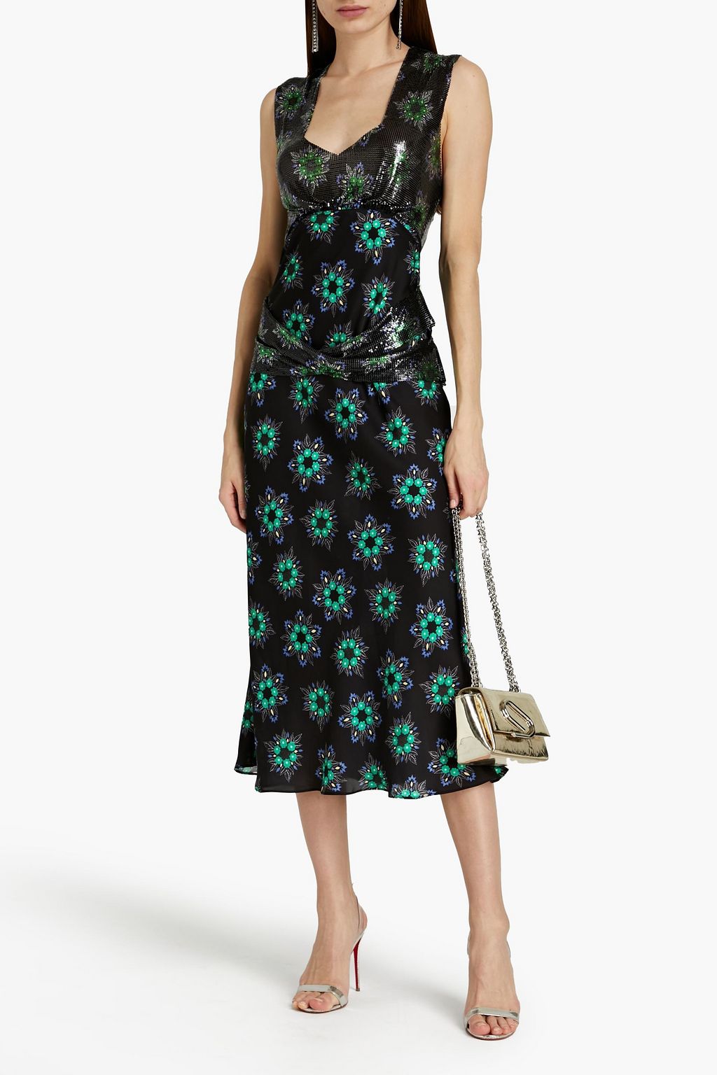 RABANNE Chainmail-paneled floral-print satin midi dress