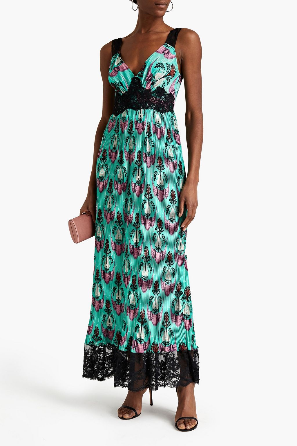 RABANNE Chantilly lace-trimmed printed plissé crepe de chine maxi dress