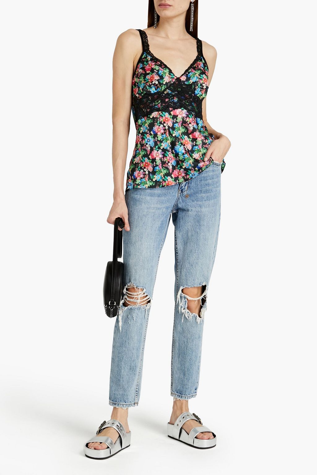 RABANNE Lace-trimmed floral-print satin camisole