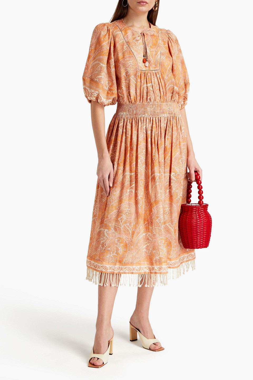 Zimmermann Shirred Printed Linen-canvas Midi Dress In Orange