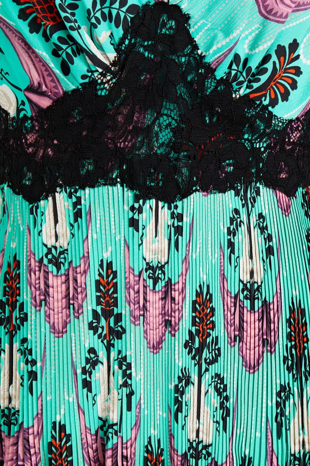 RABANNE Lace-trimmed plissé printed crepe de chine top